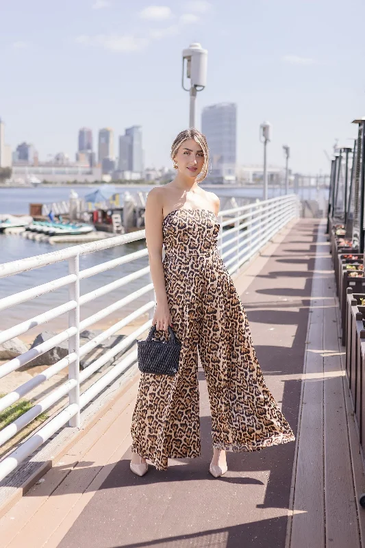 Chic Trend Collection Francis Sleeveless Leopard Print Wide Leg Jumpsuit Brown