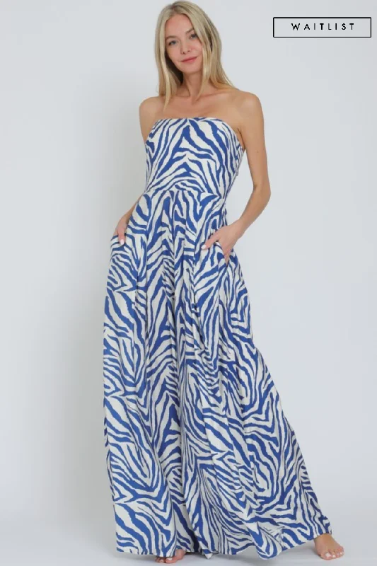 Women's Trendy Outfits Waitlist 2/20 ♥ Francis Sleeveless Zebra Print Wide Leg Jumpsuit Blue