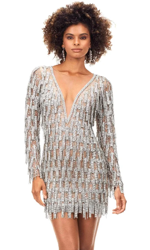 Holiday Glam Ashley Lauren 4569 - Long Sleeve Embellished Fringe Dress