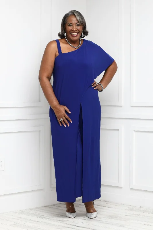 Unleash Your Fashion Plus Size Flared Jumpsuit with Single Shoulder, Overlay, and Draped Sleeves