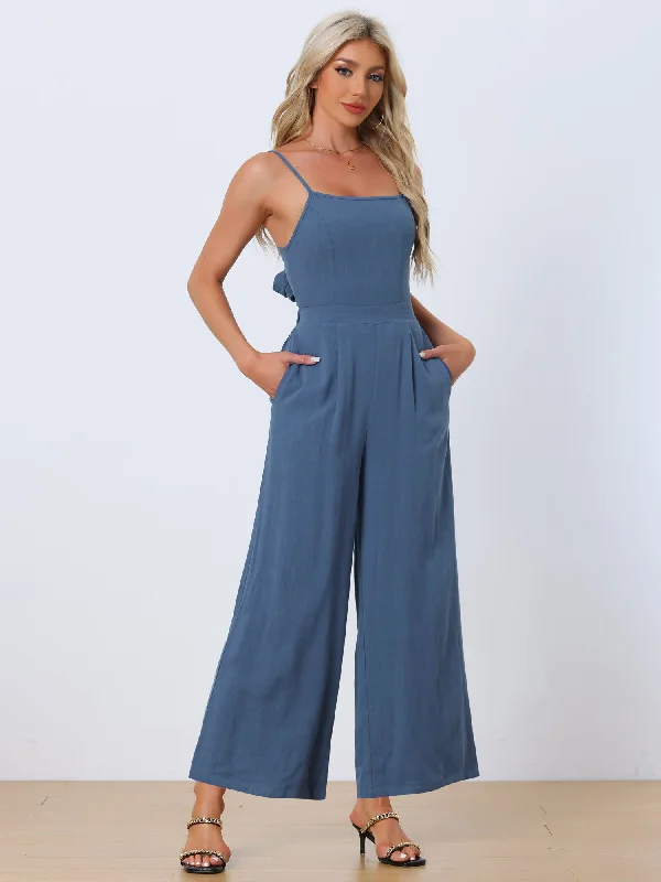 Stylish Savings Linen Sleeveless Spaghetti Strap Backless Wide Legs Jumpsuits