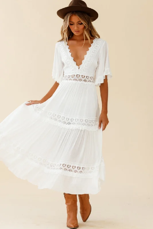 Weekend Sale Indio Crochet Insert Deep V-Neckline Angel Sleeve Maxi Dress White