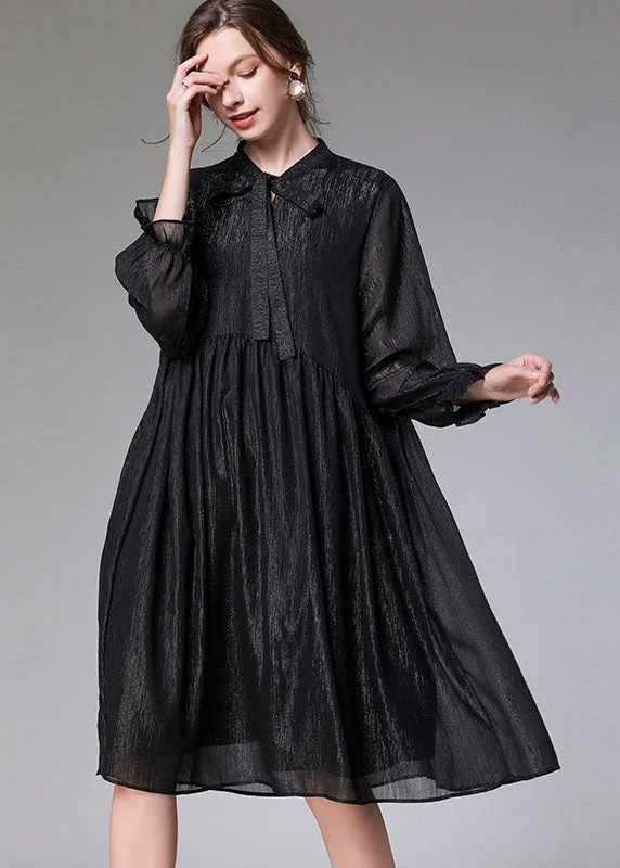 Vintage Fashion Women Black O-Neck Patchwork Wrinkled Chiffon Mid Dresses Long Sleeve