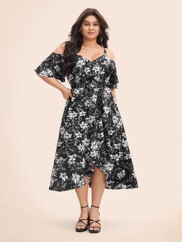 Fashion Deal Floral Heart Neckline Ruffle Trim Dress