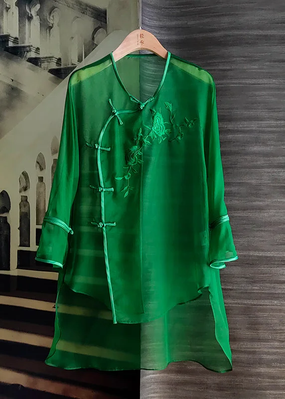 Evening Elegance Organza Green O-Neck Embroideried Floral Low High Design Silk Mid Dress Long Sleeve