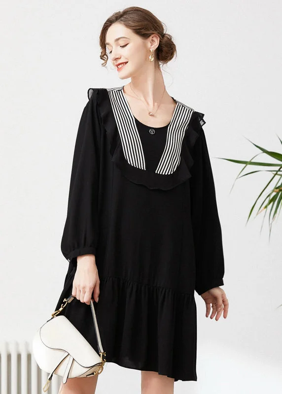 End Of Season Clearance Style Black O-Neck Patchwork Ruffles Chiffon Party Dress Spring