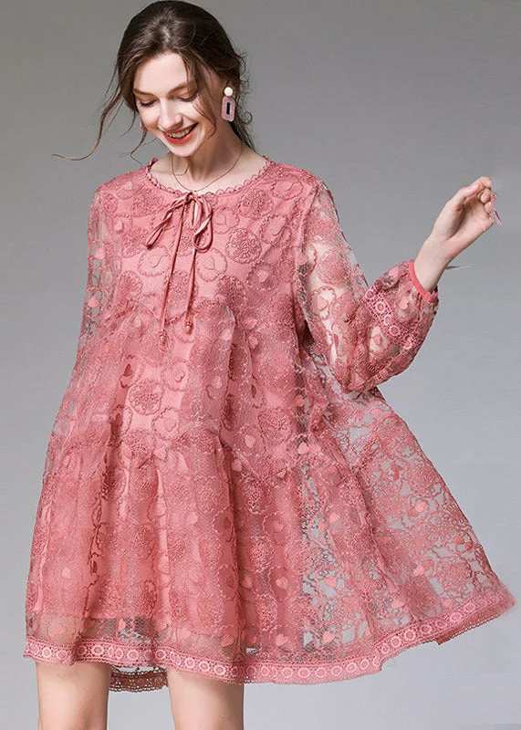 Clothes Women Fitted Pink Embroideried Patchwork Lace Mid Dress Long Sleeve