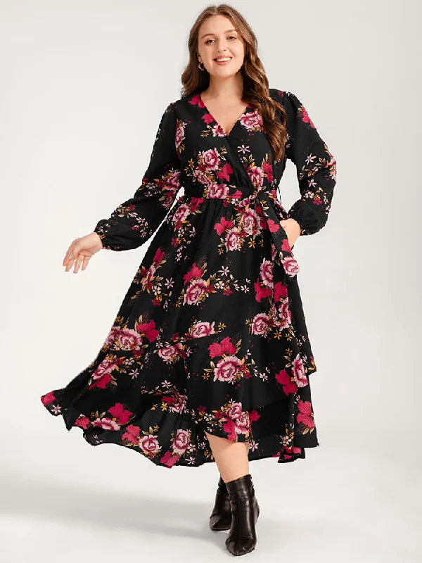 End Of Season Sale Clothing Floral Ruffle Lantern Sleeve Pocket Belted Asymmetrical Hem Dress