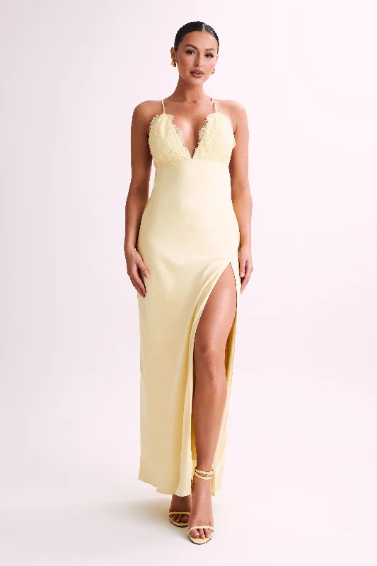 Stylish Basics Gina Satin Slip Maxi Dress With Lace - Lemon