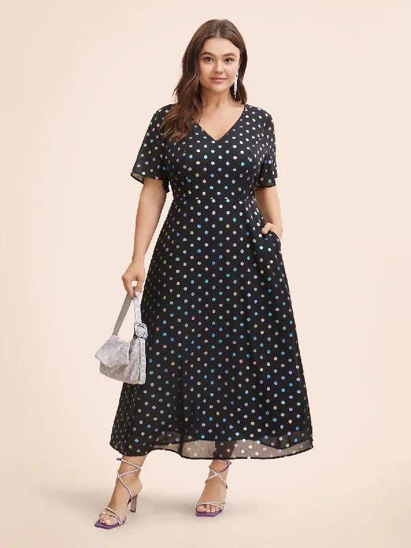 Trendy Styles V Neck Polka Dot Glitter Ruffle Sleeve Dress