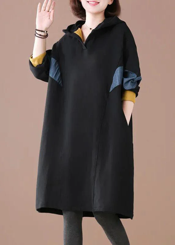 Sale On Sale Plus Size Black Hooded Patchwork Warm Fleece Loose Sweatshirt Dress Winter