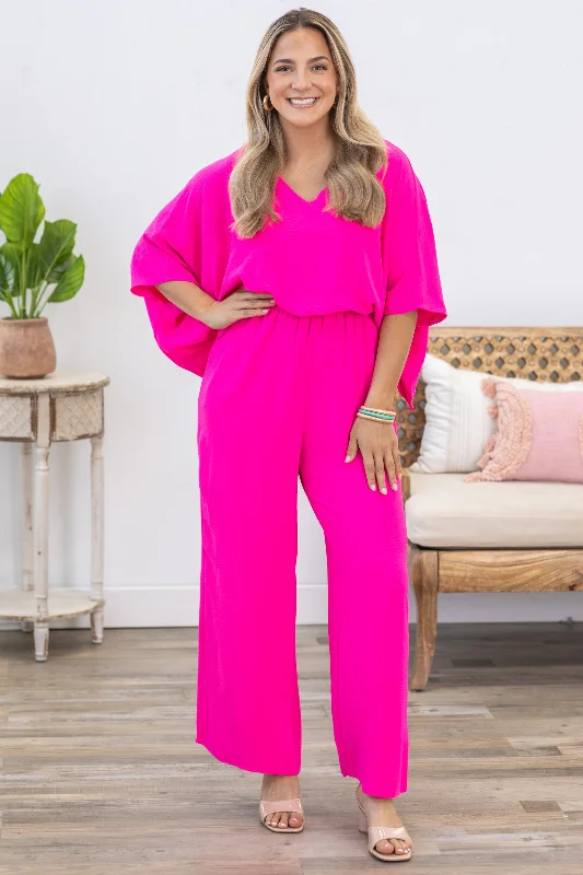 Sale Clothes Online Hot Pink Solid Dolman Sleeve Woven Jumpsuit