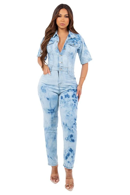 Trendy Street Style Attire SEXY TIE DYE DENIM JUMPSUIT