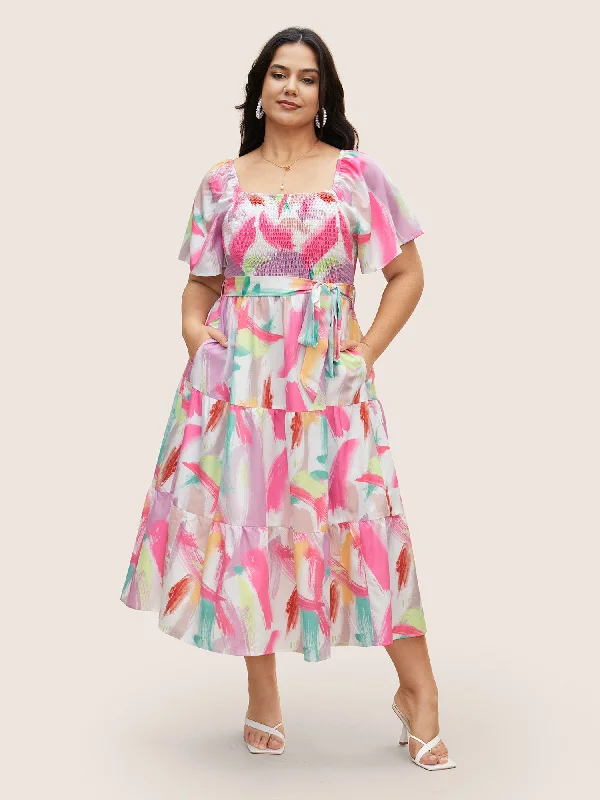 Limited Edition Brush Print Shirred Gathered Belted Dress