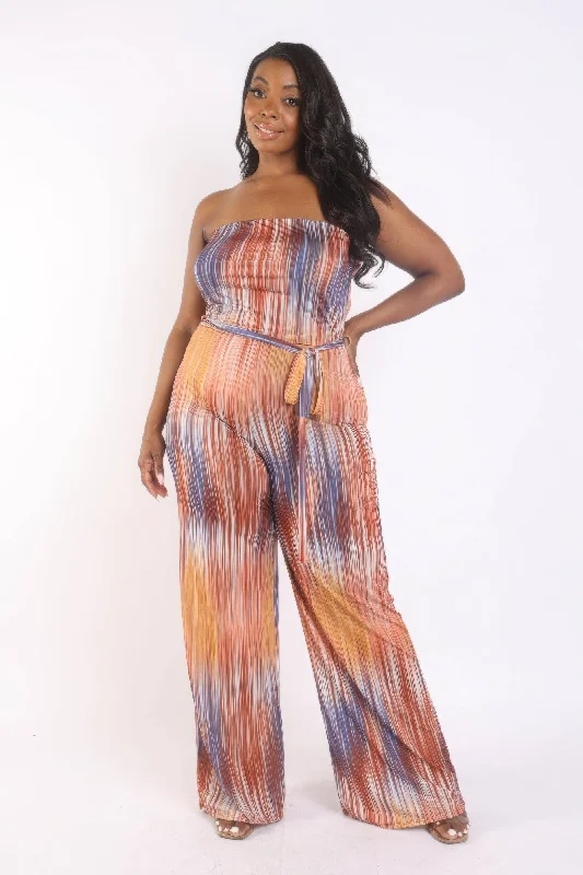 All Season Fashion Collection Printed Tube Jumpsuit With Self Belt