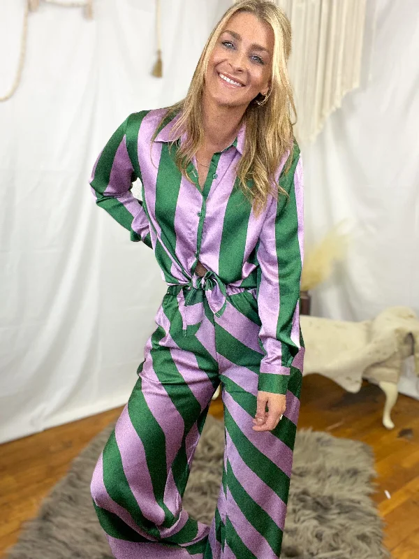 Women's Clothing Brands Green/Purple Striped Button-Down Shirt & Pants Set