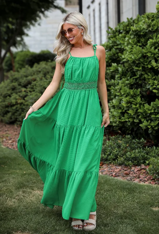 Boho Chic Fashion FINAL SALE - Elevated Effect Green Tiered Maxi Dress