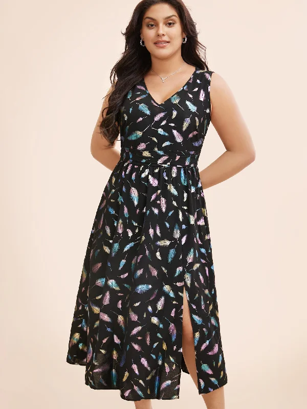 Comfort Meets Fashion Glitter Feather Print V Neck Dress