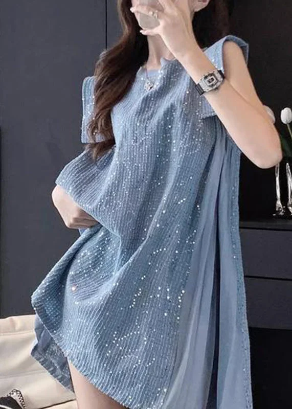 Flash Sales Today French Blue Tulle Patchwork Sequins Mid Dress Summer