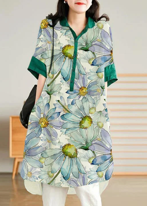 Flash Sales Jade Green flower Linen Women Casual Linen Shirt Dress