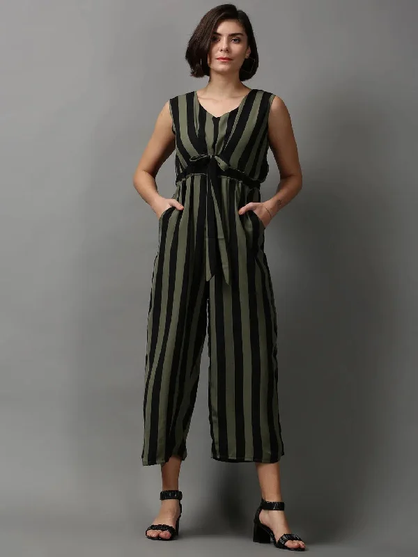 Casual Fashion Women's Green Striped Jumpsuit-AE-15647-Olive