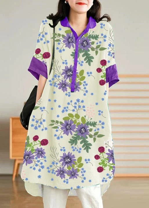 Huge Markdowns Jade Purple flower Linen Women Casual Linen Shirt Dress