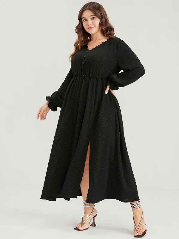 Trendy Aesthetics Solid Pocket Button Lantern Sleeve Lace Trim Split Maxi Dress