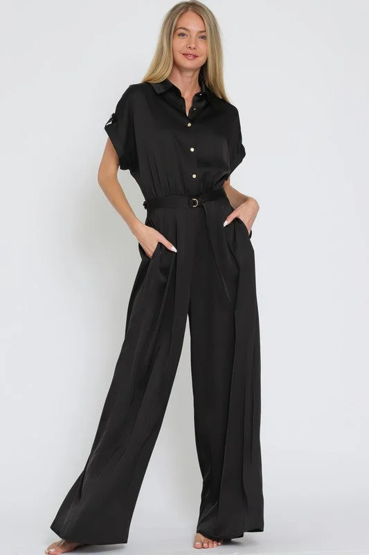 Unleash Your Trend Driven Style Alicia Short Sleeve Waist Tie Wide Leg Satin Jumpsuit Black