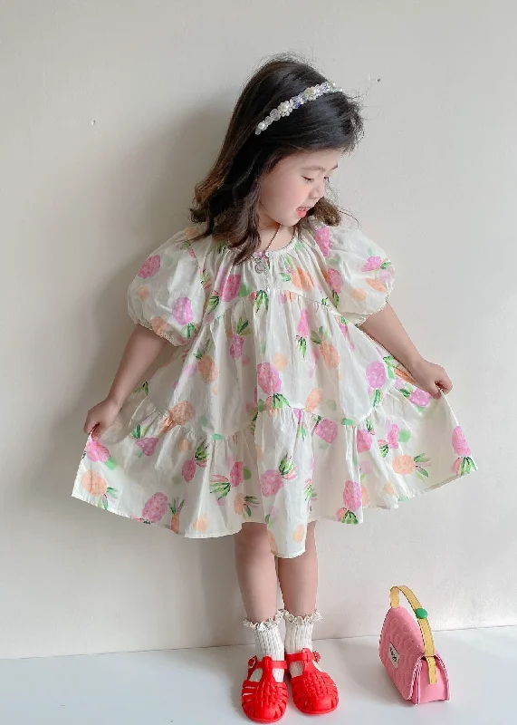 Business Casual Outfits Boutique Beige Print Wrinkled Patchwork Cotton Kids Girls Dresses Summer