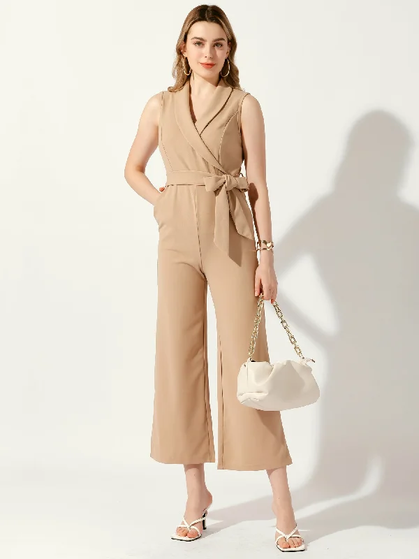 Evening Elegance Shawl Collar Sleeveless Belted Wide Leg Office Work Jumpsuit