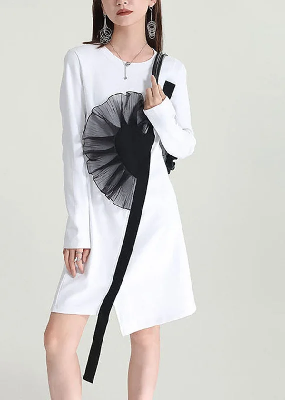 Chic Wardrobe Essentials Women White Asymmetrical Patchwork Applique Cotton Dresses Fall