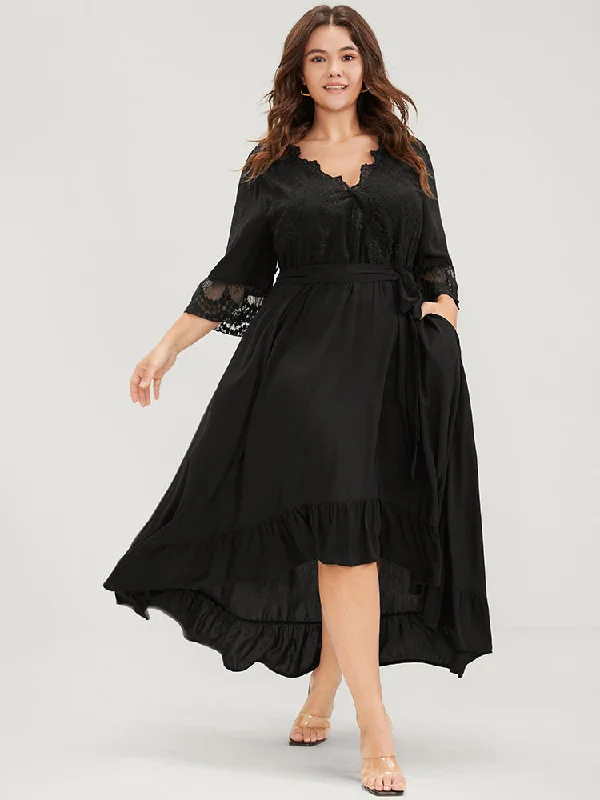 Comfortable Casual Women's Clothing Solid Bell Sleeve Pocket Asymmetrical Hem Belted Lace Wrap Dress