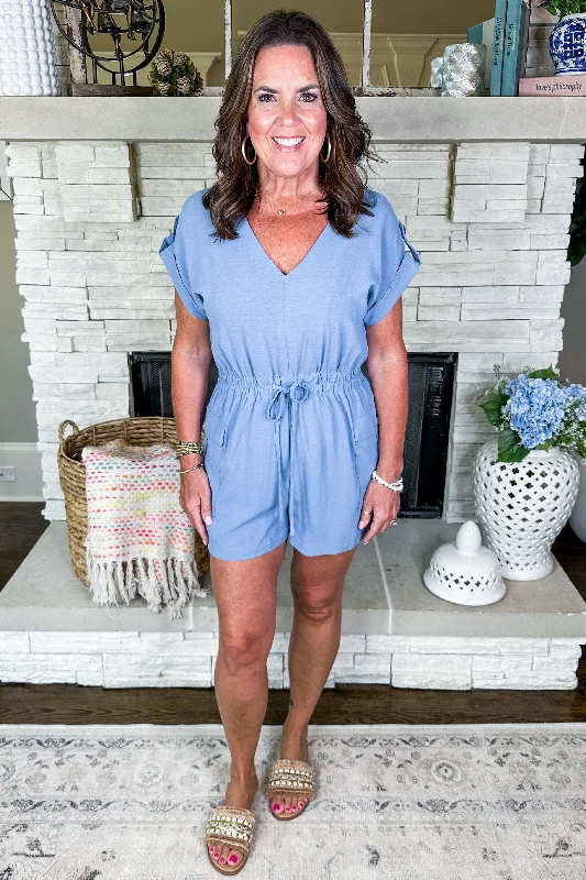 Woman Clothing Dusty Blue Tabbed Sleeve V Neck Elastic Tie Romper