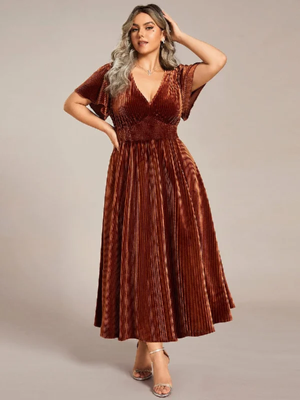 Trendy Street Style Clothing Plus Size A-line V-Neck Short Sleeve Pleated Velvet Fall Wedding Guest Dress