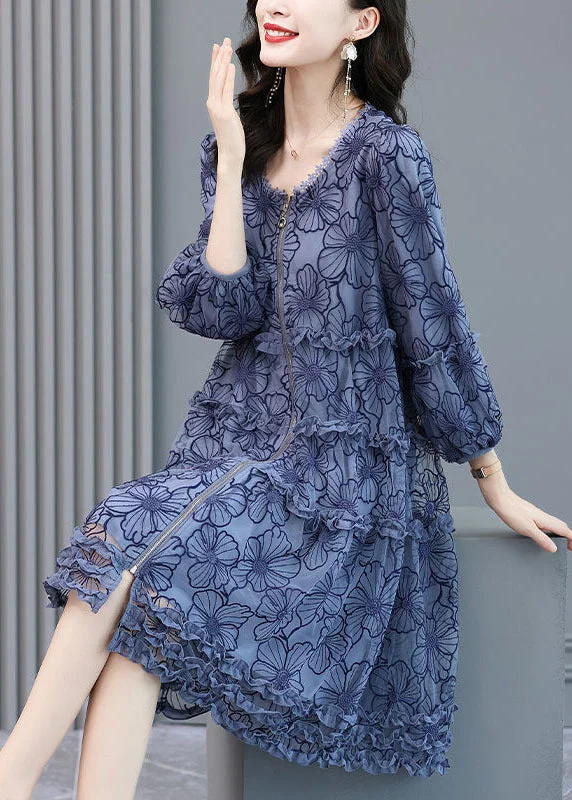 Unique Women's Fashion Pieces Loose Blue Embroideried Ruffled Zippered Silk Dresses Long Sleeve