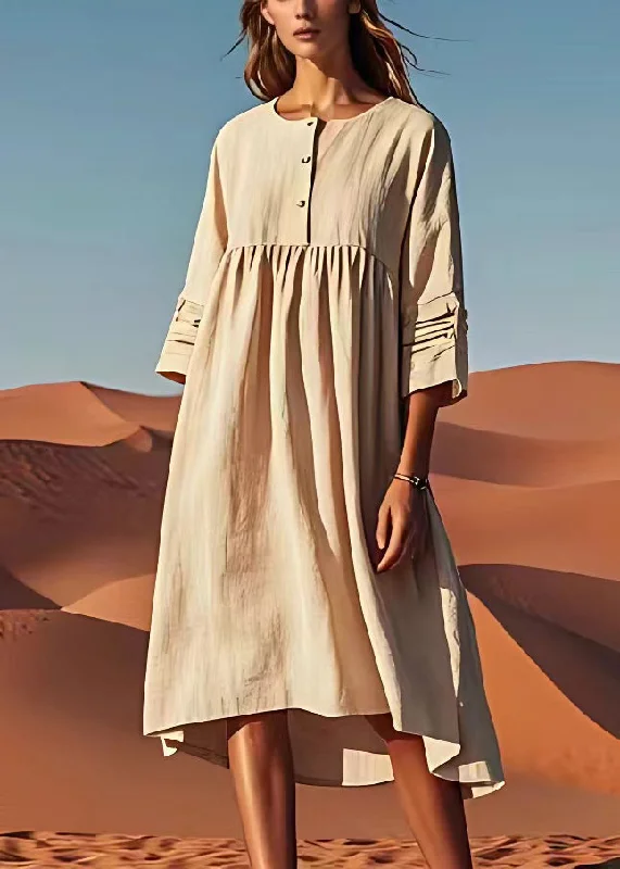 Holiday Special Offers Unique Beige O Neck Wrinkled Plus Size Linen Dress Summer