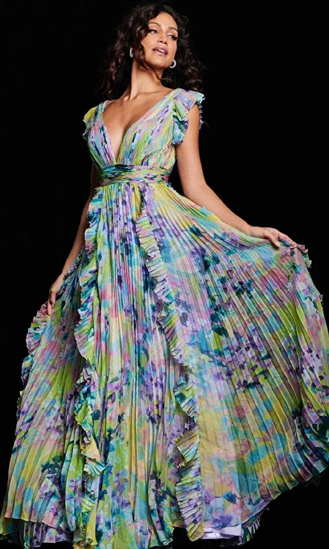 Clothing Store Jovani 34412 - Floral Print Flutter Long Dress