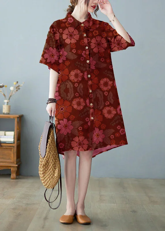 Trendy Women's Wear Modern Red Button Stand Collar Floral Print Party Dress Half Sleeve