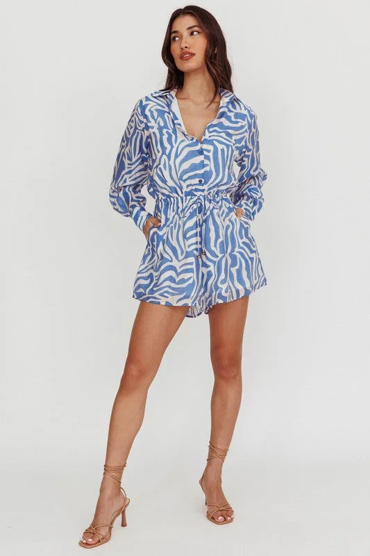 Latest Fashion Collins Long Sleeve Mosaic Print Romper Blue