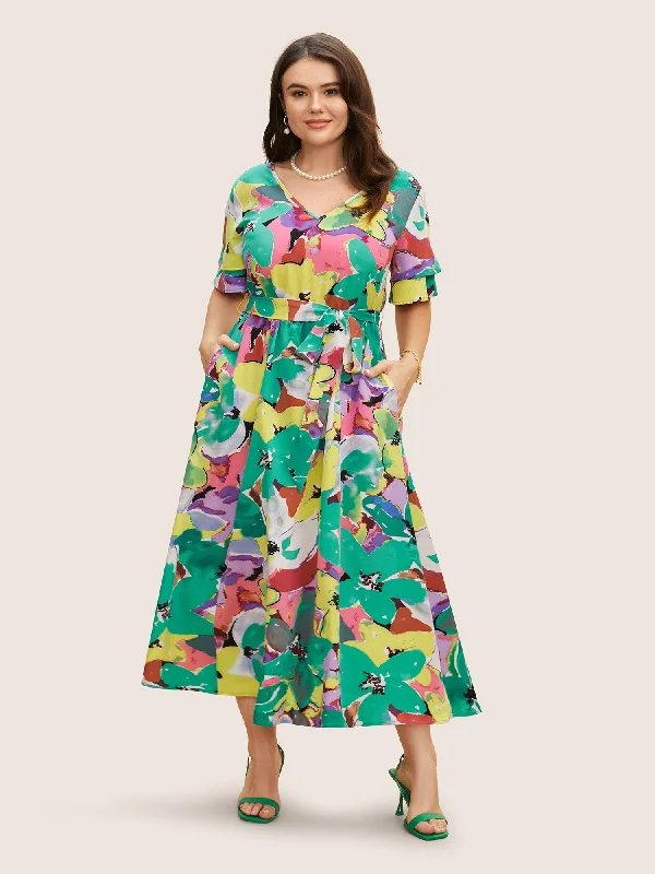 Outfits Ideas Contrast Floral Tiered Ruffle Sleeve Dress