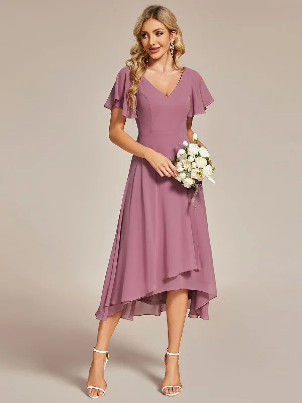 Relaxed Fashion Rina | Flowing Chiffon V-Neck Ruffle Sleeves Bridesmaid Dress