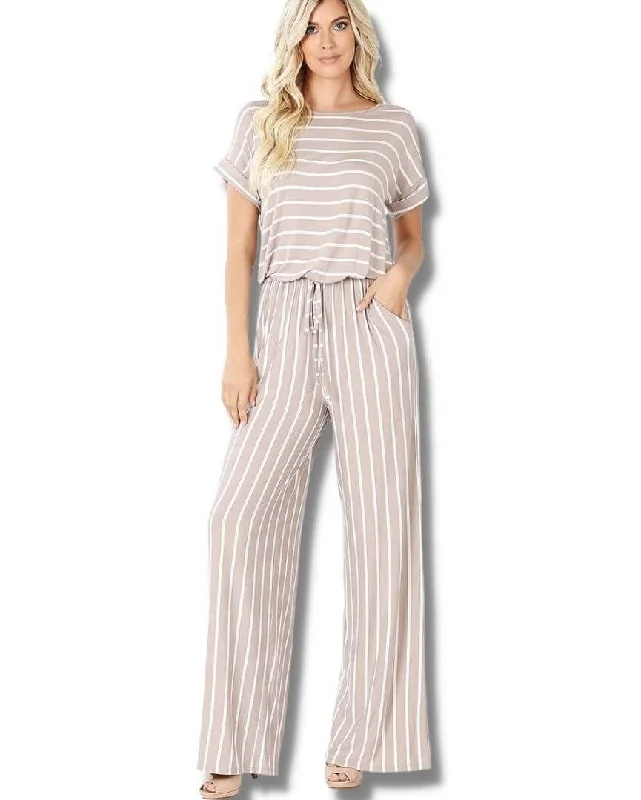 Sale On Clothing Striped Short Sleeve Jumpsuit-Beige