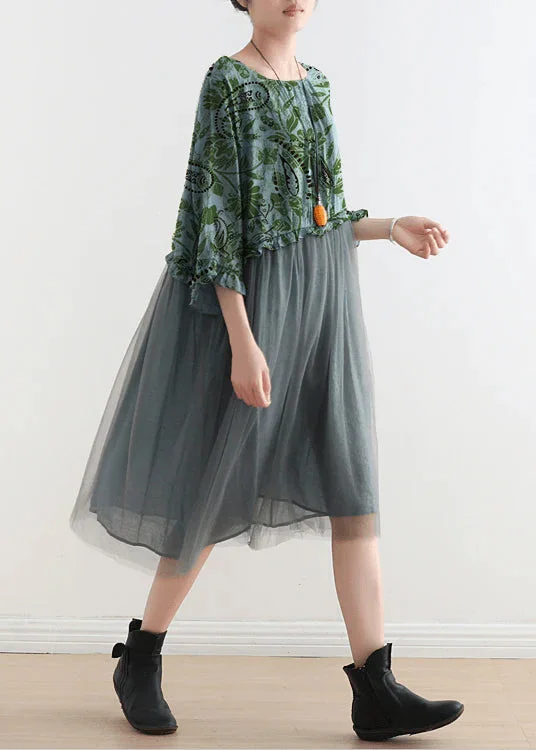 Casual Dresses for Women 2024 Blue-green leaves Tull Maxi dresses patchwork chiffon Summer Dresses