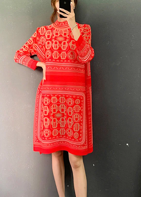 Elegant Women's Clothing Red Turtleneck Print Side Open Mid Dresses Long Sleeve