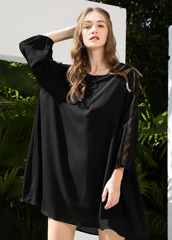 Casual Style for Busy Women French Black Oversized Patchwork Lace Chiffon Dresses Bracelet Sleeve