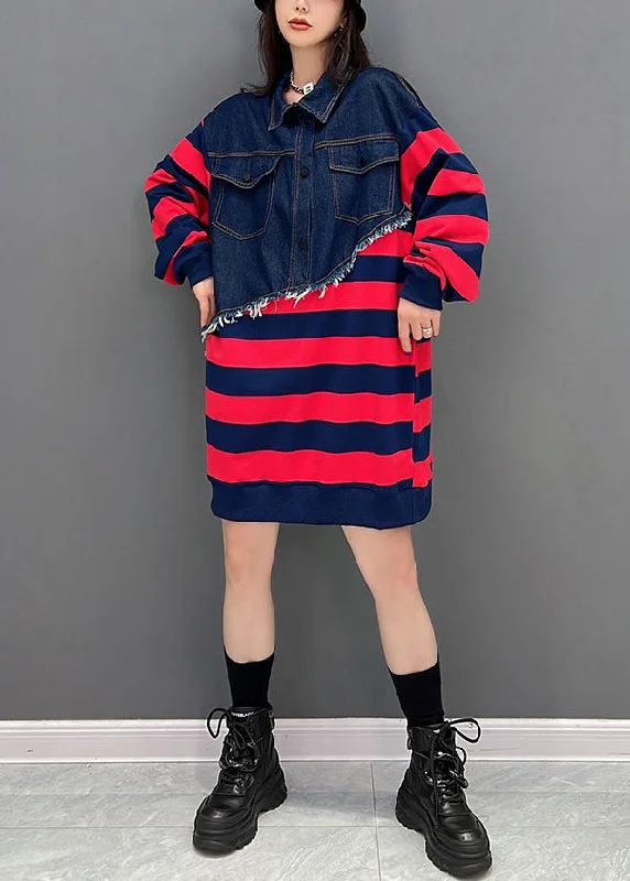 Workwear Fashion for Women Boutique Red Striped Patchwork Denim Cotton Sweatshirts Dress Fall