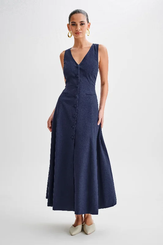 Sophisticated Style Theodora Cotton Buttoned Midi Dress - Navy