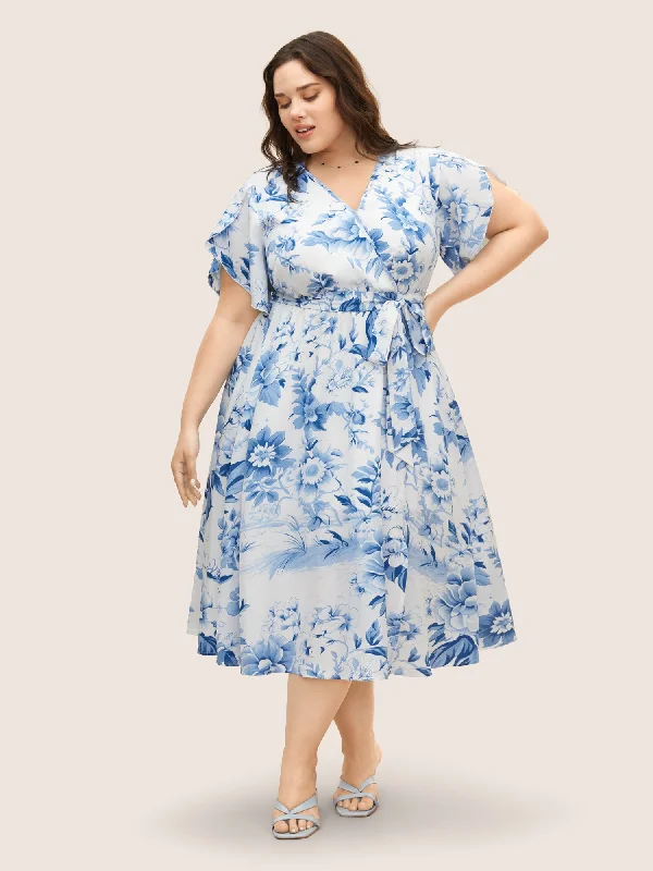 Sales Clothes Floral Wrap Petal Sleeve Belted Dress