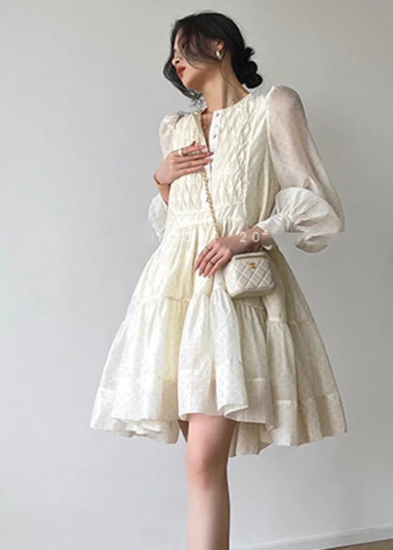 Gift Ideas Beige O-Neck Button Silk Mid Dresses Long Sleeve