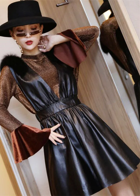 Don't Miss Out Boutique Black V Neck Fox collar Slim Fit Sheepskin Dress Sleeveless